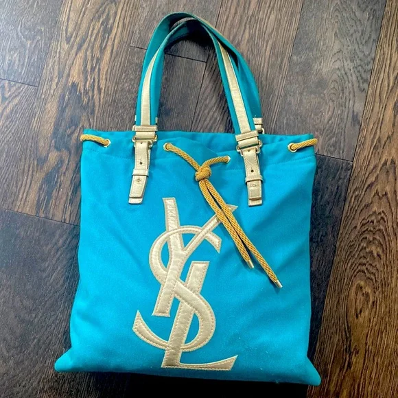 GORGEOUS YSL Saint Laurent summer tote blue turquoise gold leather logo bag